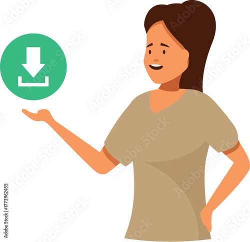 Woman presenting download icon, promoting easy access to digital resources and seamless file sharing