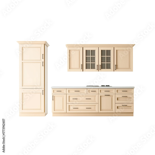 “Modern Beige Kitchen Cabinet Set with Countertop and Wall Units – Elegant Home Interior Furniture Design”