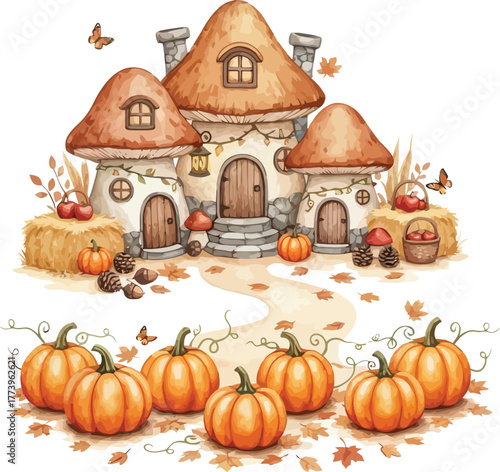 Whimsical watercolor autumn fairy tale village with pumpkins and hay bales