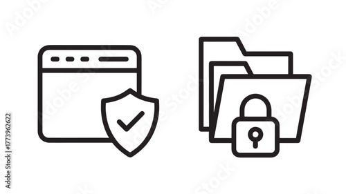 Security icon set outline vector illustration of browser and folder with lock isolated on white background