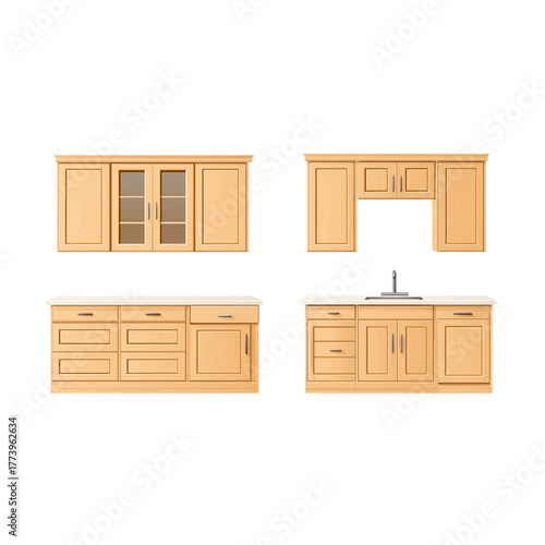 “Modern Beige Kitchen Cabinet Set with Countertop and Wall Units – Elegant Home Interior Furniture Design”