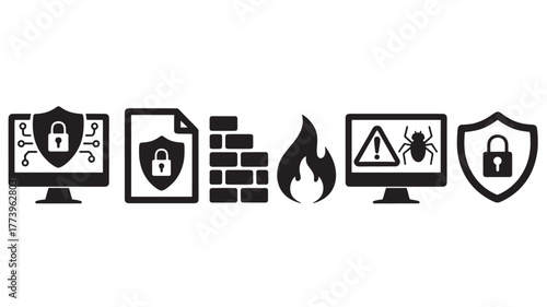 Set of cyber security icons black glyph vector illustration for data protection isolated on white background