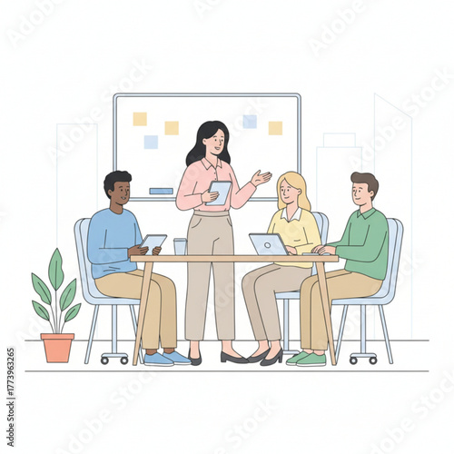 A team of coworkers is having a meeting in the office. One woman is presenting while others listen and take notes using laptops and tablets.