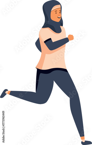 Smiling muslim sportswoman running, promoting healthy lifestyle, fitness and wellness