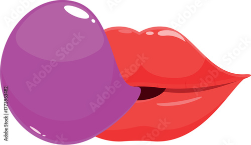 Woman blowing pink bubble gum with red lips on white background