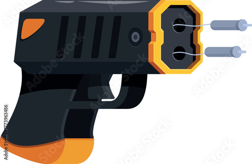 Black and orange taser emitting electric charges, useful for personal safety and law enforcement