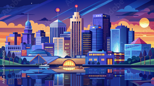 Very beautiful panoramic view of Evansville, Indiana, USA skyline at blue hour, featuring illuminated downtown buildings, river reflections, and the serene evening atmosphere of the city.