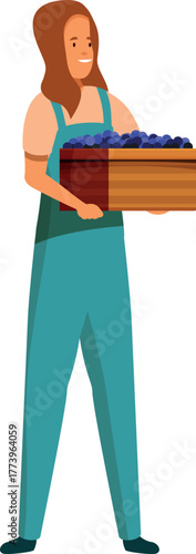 Female farmer holding a wooden crate full of freshly picked grapes, representing local farming, vineyard harvest, and fresh produce