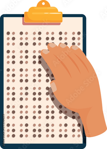 Hand carefully reading braille text on a clipboard, representing communication and accessibility for blind people