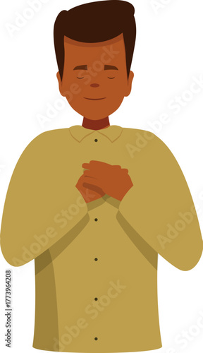 Young man holding hands on chest, feeling thankful and expressing sincere gratitude