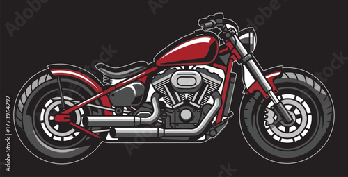 Detailed vector illustration of a custom red and black motorcycle on a black background