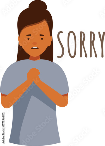 Worried girl showing sincere remorse, holding hands together and saying sorry