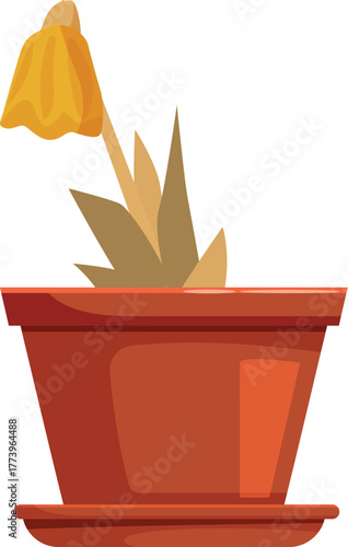 Withered yellow flower in terracotta pot, depicting neglect, sadness, and the need for care