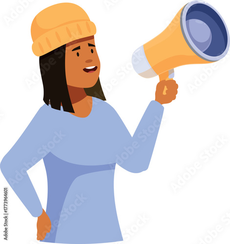 Young woman speaking through megaphone at protest or demonstration for equal rights and social justice