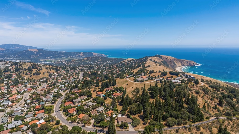 Naklejka premium Aerial view of coastal landscape with hills, houses, and ocean, showcasing scenic beauty and terraced land near the shoreline. The image captures a peaceful coastal community and natural environment.