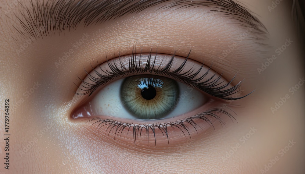 Obraz premium Stunning close-up of a captivating hazel eye with long lashes, perfect for beauty, health, or personal care campaigns and designs focusing on expressive eyes