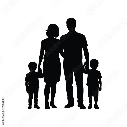 Family silhouette with parents and two children, happy family together illustration