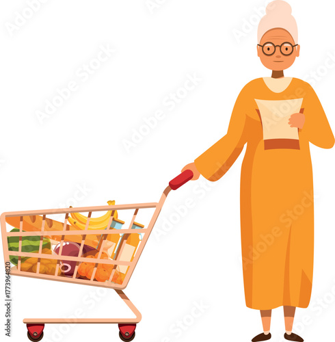 Senior woman pushing shopping cart full of groceries and holding shopping list, enjoying retirement and active lifestyle