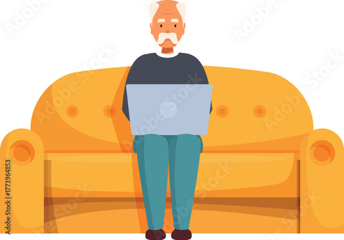 Senior man sitting on comfortable sofa, using laptop, enjoying modern technology in retirement