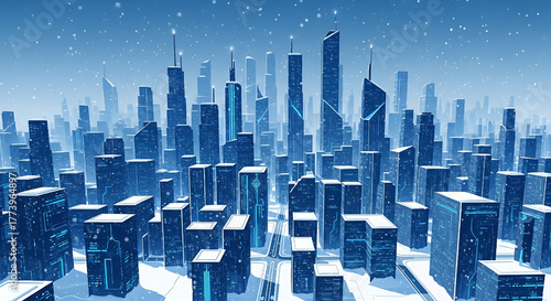 Winter Cityscape Digital Art Futuristic Skyline Urban Snowfall
