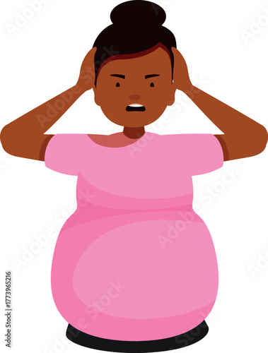 Pregnant woman experiencing a headache or other discomfort, holding her head with both hands, conveying a sense of worry and anxiety about her pregnancy