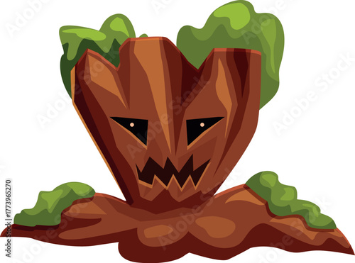 Spooky tree stump with glowing eyes and sharp teeth, covered in moss, perfect for halloween projects