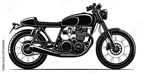 Detailed black and white illustration of a classic motorcycle with visible engine parts