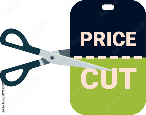 Scissors cutting price tag with price cut sign symbolizing lower prices or special offer