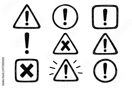 Collection Of Various Warning And Danger Symbols Including Exclamation Marks And Crosses Set On A White Background With Subtle Texture Overlay