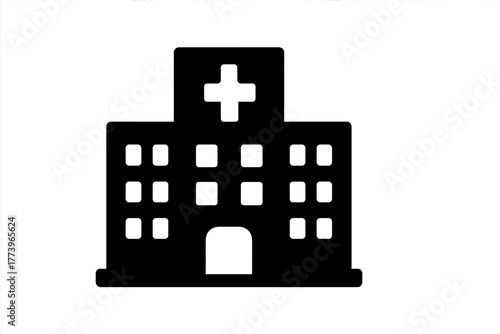 Black Silhouette of a Hospital Building With a Cross Symbol on Top Against a White Background Iconic Medical Facility Structure