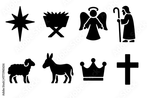Nativity Scene Icons A Star Donkey Sheep Angel Manger Crown and Cross Silhouetted Religious Symbols on White Background
