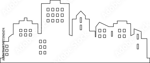 Minimalist outline of a city skyline with varied building heights and window details silhouette