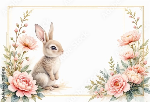 Cute baby bunny with spring flowers watercolor illustration