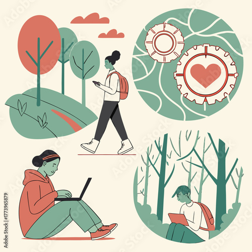Wellness & mental health illustration set: 10 vector scenes of meditation, therapy, nature walk, sleep wellness and journaling. Ideal for wellness apps, campaigns, blogs and educational materials.