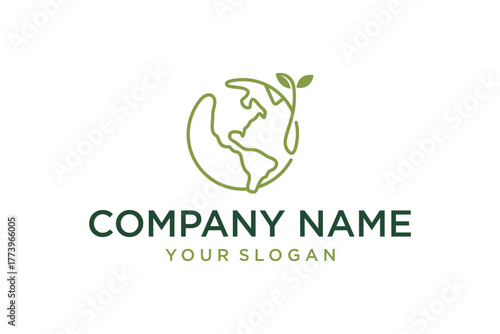 Sustainable Earth Globe with Green Plant Sprout Line Art Logo Design