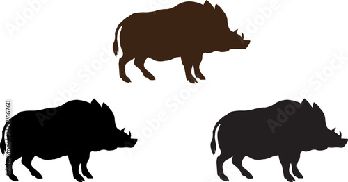 Three distinctive silhouette representations of a warthog in various colors and styles