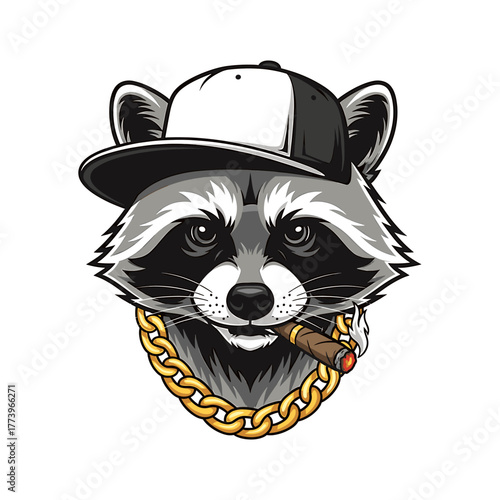 Cartoon raccoon head wearing a hat and gold chain, holding a cigar in its mouth.