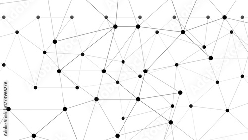 Abstract minimalist geometric network with thin gray lines and small black and gray circular nodes on a white background. Connected web or molecular structure, with scientific technological pattern.