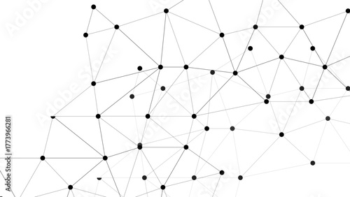 Abstract minimalist geometric network with thin gray lines and small black and gray circular nodes on a white background. Connected web or molecular structure, with scientific technological pattern.