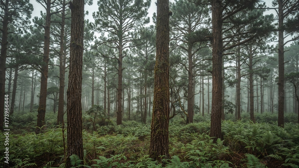 Fototapeta premium Dense forest with tall pine trees and lush green undergrowth.