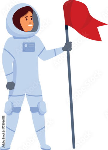 Confident astronaut planting a red flag after successful space mission on a new planet