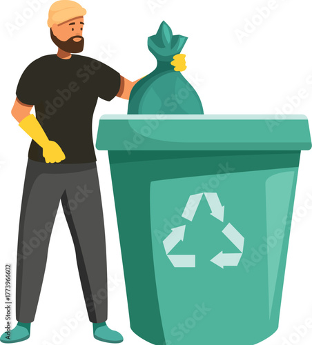 Man wearing gloves throwing garbage bag into recycling bin, promoting responsible waste management and environmental sustainability