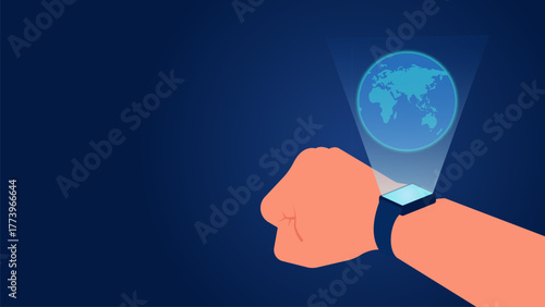 This flat design style illustration represents the power of modern technology to unite the world through small, smart, and versatile devices.