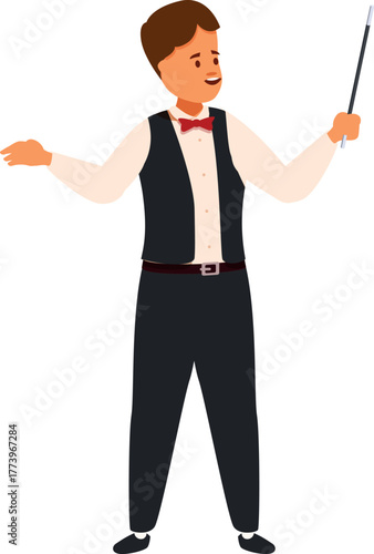 Illusionist wearing a vest and bow tie, holding a magic wand and performing a trick