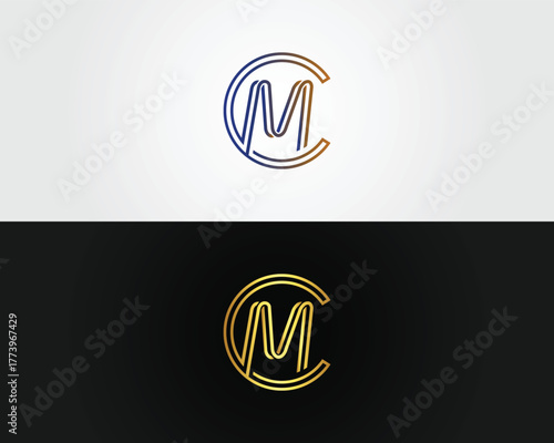 Letter CM or MC inside a circular frame on vector template white and black backgrounds symbol