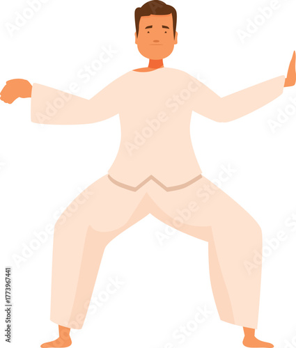 Man wearing white clothes practicing qigong or tai chi, performing a traditional chinese gymnastics exercise