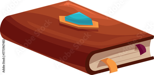Closed magic book with brown leather cover, gemstone and bookmark laying on white background
