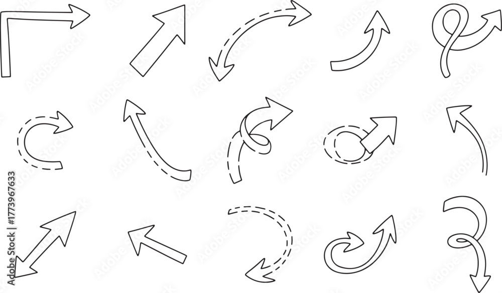 Fototapeta premium Collection of hand drawn arrows and directional symbols in sketch style