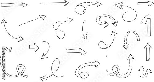 Collection of hand drawn arrows and directional symbols