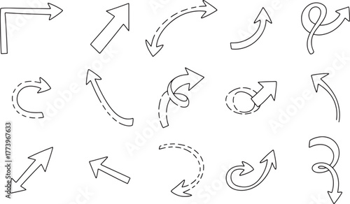 Collection of hand drawn arrows and directional symbols in sketch style